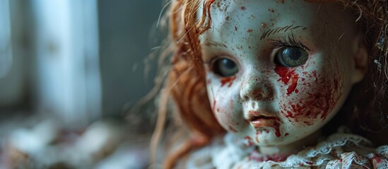 Wall Mural - Close-up photo of a creepy doll shedding blood, with space for text on the right.