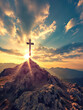 © Vivid Pixels - Christian cross at the top of hill with morning sun rays shining behind