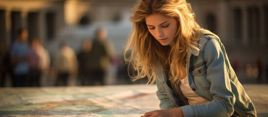 Young female tourist studying a map at St. Peter's square in Vatican City in Rome.