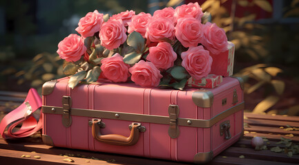 Roses Arranged with copy spac e on a Pink sutcase against pink Background: A Symbol of Love and Aesthetics. Love card