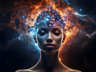 Wall Mural - A person merging with the cosmic energy, symbolizing the interconnectedness of life and the universe