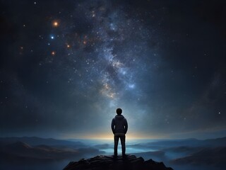 Wall Mural - A person contemplating the vastness of the universe under a starry night sky