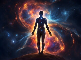 Wall Mural - A person merging with the cosmic energy, symbolizing the interconnectedness of life and the universe
