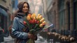 Portrait of an attractive young woman with a bouquet of tulips in the city. Women's Day, Valentine's Day. A gift for the holiday.