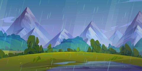 Summer rainy natural landscape with puddle on green grass of meadow in foot of high mountains. Cartoon vector panoramic country scenery with grassland near hills under rain falling from cloudy sky.