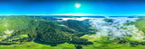 Fototapeta  - Lot nad Jastrzębikiem w mglisty poranek latem. Piękny, letni krajobraz.