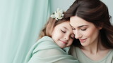 Fototapeta  - A tender close up photo of a mother and her daughter embracing. Concept of  Mother's Day, parenting, motherhood and maternity