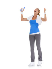 Poster - Woman, fitness success and celebration in studio with water bottle for exercise, workout success or body goals. Excited model with fist, power and yes or energy for training on a white background