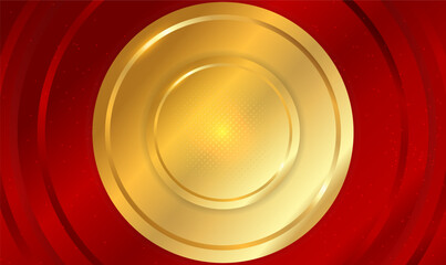 Poster - Luxury 3d gold circle frame overlap layers on red circle background. Luxury elegant background with metal gold circle. Modern luxury futuristic background for flyer,card, brochure, cover. Vector EPS10