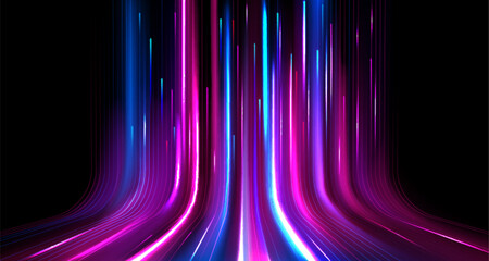 Wall Mural - Neon light speed effect. Vector realistic illustration of blue, pink, white lines moving upward on black background, modern data transmission technology, fiber optic network, wireless communication