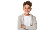 © CStock - Happy young caucasian boy in casual outfit with arms crossed isolated on transparent and white background.PNG image.