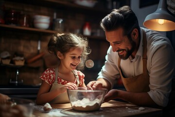 happy photo of father and son cooking together in the kitchen 