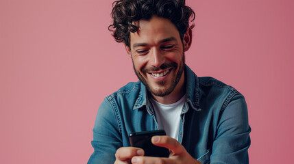 Wall Mural - A handsome brunette man is looking at a smartphone screen. Pink monochrome studio background.
