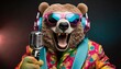 Colorful bear with headphones and microphone on black background in retro suit