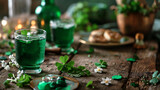 Fototapeta  - Green drinks in glasses and cloves on wooden table, background for St. Patricks Day.