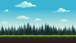 Forest pixel background. 2d pixel video game daytime with green grass, fir trees and clouds. Nature seamless landscape vector illustration.