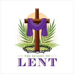 Wall Mural - The season of LENT - Wood cross crucifix with purple cloth and plam leave thorns vector design