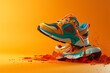 Stability and cushion running shoes. New unbranded running sneaker or trainer on orange background. Men's sport footwear.