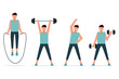 Men who are exercising to stay healthy. Physical training. Exercise equipment. stretching, jumping rope, weight lifting, and sports. Vector illustration flat design style