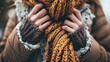 I'm wearing a padded jacket, Woman's hand holding knitted scarf - Generative AI
