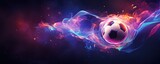Fototapeta Fototapety sport - A soccer ball With fire effects on the side in beautiful orange blue and purple. Generative AI