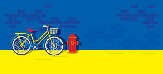 Bicycles parked against the roadside blue wall. kids art. cartoon banner template, poster, books