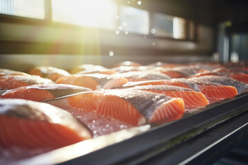 Wall Mural - The detail of a fish salmon factory, processing line. Fish and food industry abstract. Salmon fillet on an industrial conveyor.