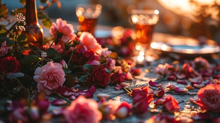 Wall Mural - Top view photography of a romantic picnic, read 