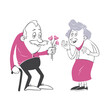 A mustached senior, offering a bouquet to an elderly woman
