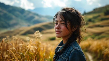 Wall Mural - photo, 40-year-old chinese woman, navy blue jacket, jeans, face, open arms, smile, close view of autumn 