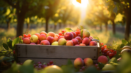 Wall Mural - Various kinds of fruits harvested in a wooden box in an orchard with sunset. Natural organic fruit abundance. Agriculture, healthy and natural food concept. Horizontal composition.