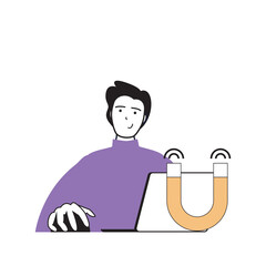 Fototapete - Education concept with cartoon people in flat design for web. Student getting new knowledges while learning at online course by laptop. Vector illustration for social media banner, marketing material.