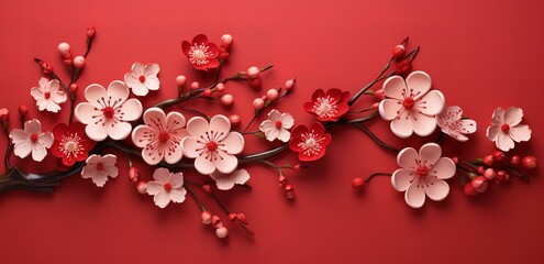 Wall Mural - cherry blossoms blooming on red background. generative AI