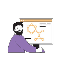 Fototapete - Education concept with cartoon people in flat design for web. Student researching molecules at computer screen, learning biology. Vector illustration for social media banner, marketing material.