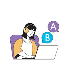 Fototapete - Education concept with cartoon people in flat design for web. Student learning new language at distance course with speaking club. Vector illustration for social media banner, marketing material.