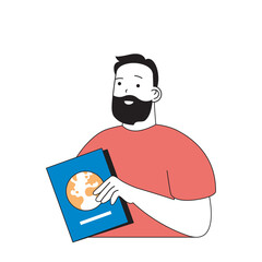 Poster - Travel concept with cartoon people in flat design for web. Man with passport passing airport control and going to vacation adventure. Vector illustration for social media banner, marketing material.