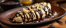 Grilled Banana Served With Chocolate Sauce And Cheese Toppings.