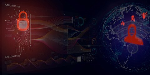 hacker using WIFI online attacked business  around the world . hacker bug spider icon on element digital icon with security icon on circuit data flow diagram