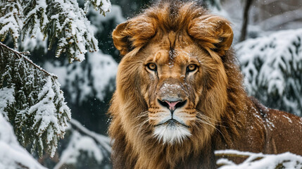 Canvas Print - Portrait of a lion in the snow