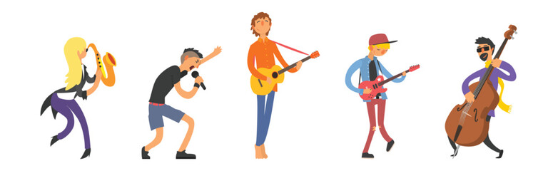 Poster - Rock Band Man and Woman Character with Musical Instrument Vector Set