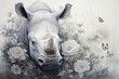 Surreal artwork of a rhinoceros with floral and butterfly motifs