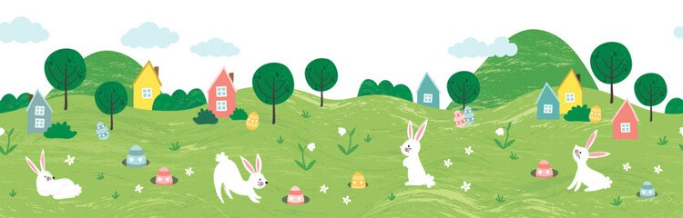 Wall Mural - Cute Easter Egg hunt design for children, hand drawn with cute bunnies, eggs and decorations - great for party invitations, banners, wallpapers - vector