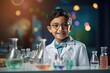 Smiling young boy in lab coat with glasses