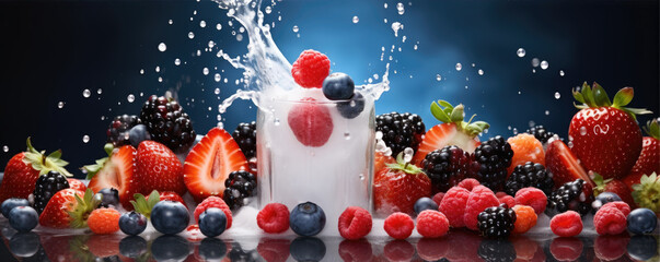 Fresh forest fruits like blueberries, raspberries, strawberries, blackberries. with water splash on wide banner.