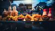 Close up portrait of junk food on a counter top of a food truck, evening atmosphere with blurred bokeh lights