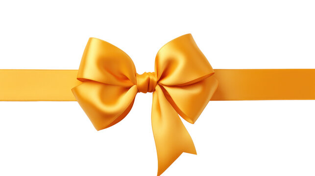 Shiny gold ribbon tied in a festive bow, isolated on transparent and white background.PNG image.