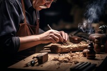 Close-up Of An Artisan's Hands Carving A Wooden Tobacco Pipe With A Metal Tool, Surrounded By Wood Shavings
