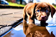 Drow a puppy who looks at his face reflected in a puddle after going out for a walk on a rainy day.
Generative AI
