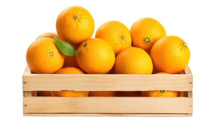 Top view of fresh oranges in wooden crate isolated on white background,fruit and harvest