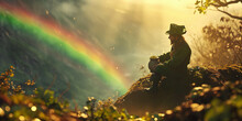 Leprechaun Sitting On A Pot Of Gold At The End Of A Rainbow
